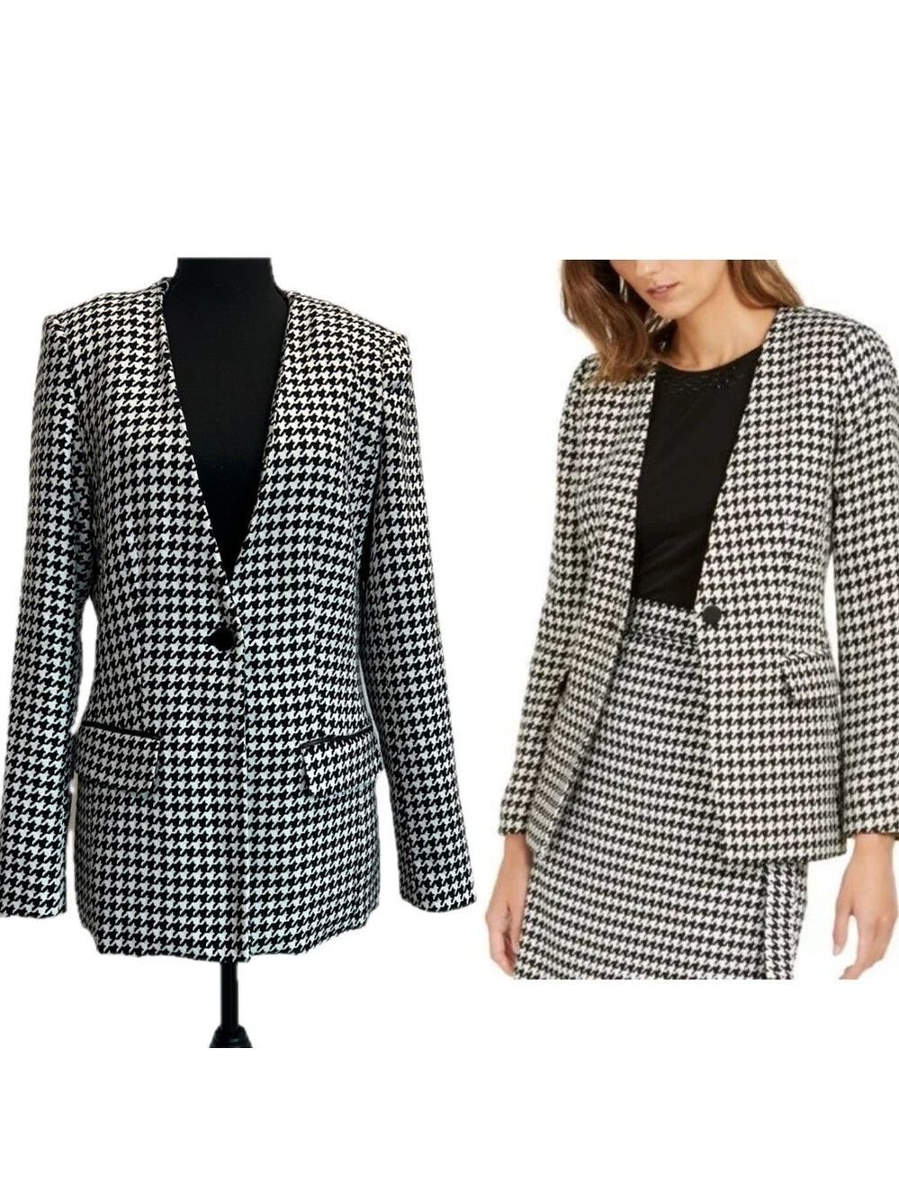 T Tahari black white houndstooth single breasted blazer classy Sz 10